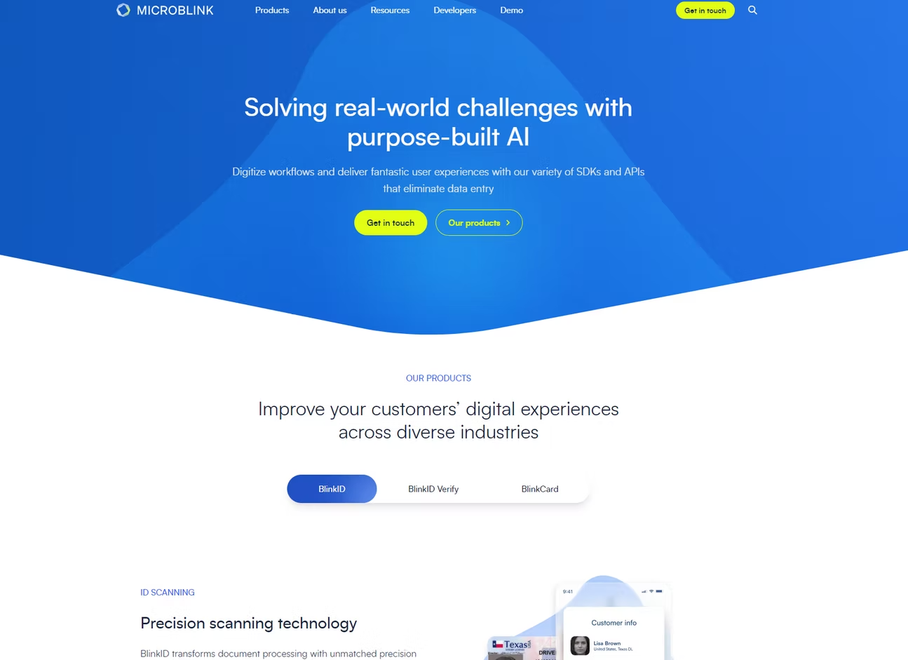 Microblink Website mit KI-Produktkommunikation